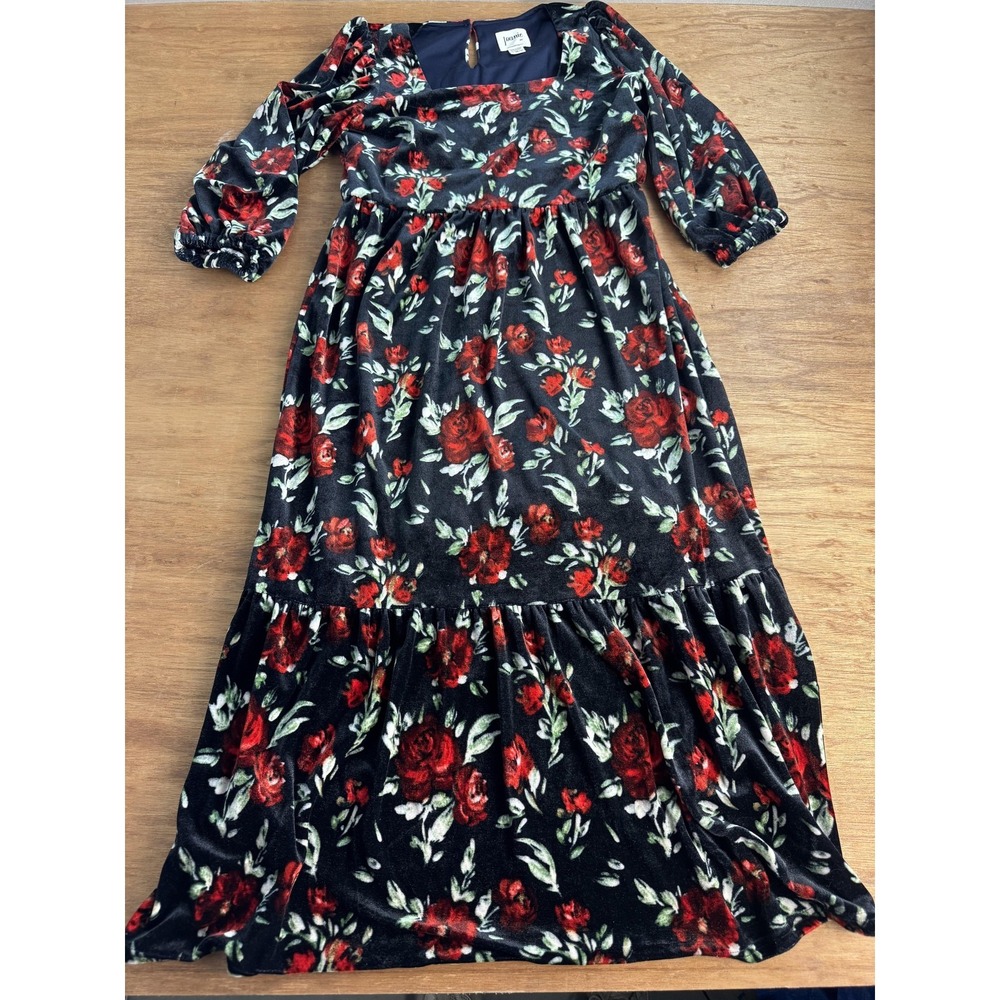 Joanie Candi Floral Print Velvet Midi Dress Women's 6 Black Red Rose Square Neck